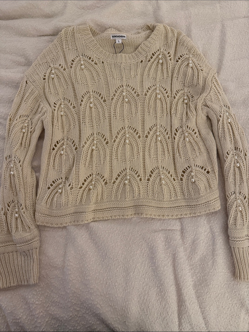 Vigoss Beige Open-Knit Beaded Crewneck Sweater